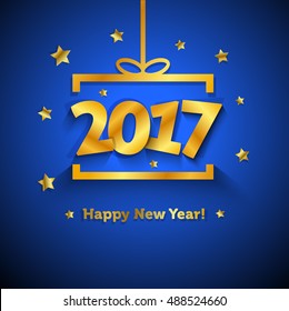 2017 Gift box with stars.Happy New Year greeting card