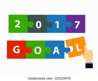 2017 Goal - New Year resolution concept - text in colorful puzzle pieces against white background.