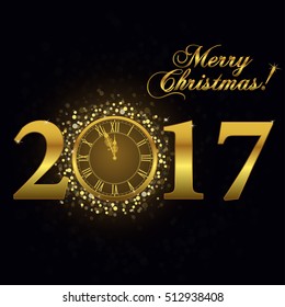 2017 Gold clock, Happy New Year Luxury background. Merry Christmas Golden Greeting Card with glitter gold numbers. Vector