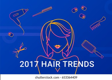 2017 hair trends modern gradient thin line vector illustration of sensual woman with hairstyle and beauty icons sush as hairdryer, brushes, scissors and curlers. Gradient design for salon promo
