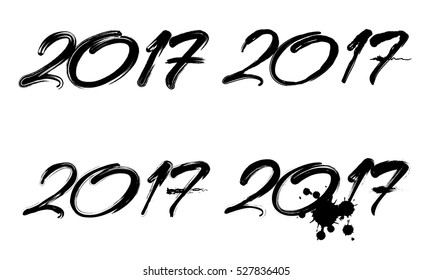 2017 hand drawn brush symbols set. Black ink, splash, paint concept. Handdrawn New Year symbols, black paint.