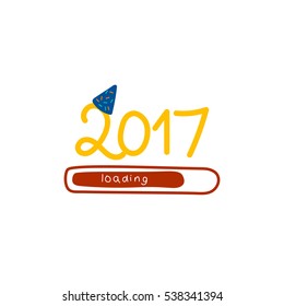 2017 hand drawn vector. 2017 hand lettering with loading bar and a party hat.