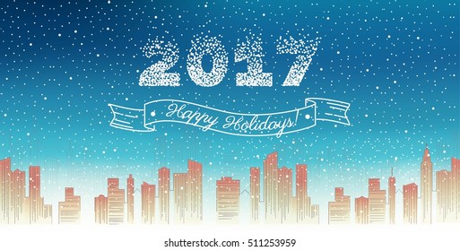 2017 Happy holiday card - Vector flat Illustration.Christmas greeting card - snowy street. Winter urban landscape. City with snow. Christmas and new year. Cityscape. Buildings. Christmas Christmas