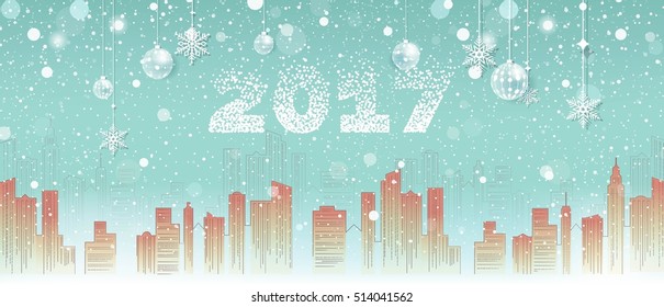 2017 Happy holiday card - Vector flat Illustration.Christmas greeting card - snowy street. Winter urban landscape. City with snow. Christmas and new year. Cityscape. Buildings. Christmas Christmas