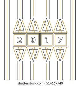 2017 Happy New Year abstract line art greeting card on white background.