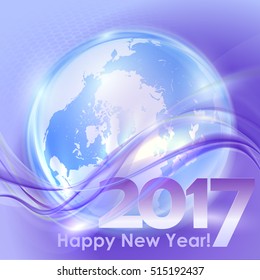 2017 Happy New Year abstract background with blue wave and globe earth. Vector illustration