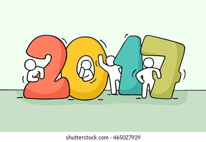 2017 Happy New Year background. Cartoon doodle illustration with little people prepare to celebration. Hand drawn vector illustration. 