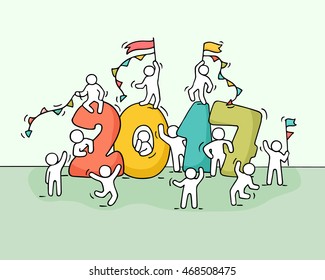 2017 Happy New Year background. Cartoon doodle illustration with little people prepare to celebration. Hand drawn vector illustration. 