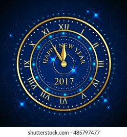 2017 Happy New Year background with gold clock for poster, banner, placard. Vector illustration eps 10 format.
