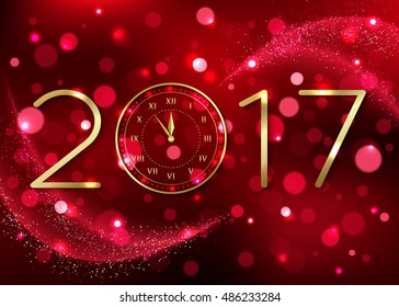 2017 Happy New Year background with gold clock for poster, banner, placard. Vector illustration eps 10 format.