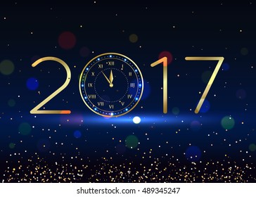 2017 Happy New Year background with gold clock for poster, banner, placard. Vector illustration eps 10 format.