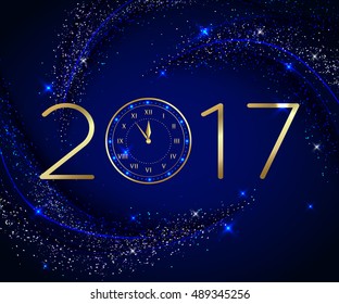 2017 Happy New Year background with gold clock for poster, banner, placard. Vector illustration eps 10 format.