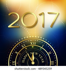 2017 Happy New Year background with gold clock for poster, banner, placard. Fulfillment of desires. Vector illustration