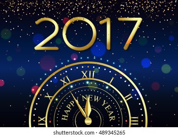 2017 Happy New Year background with gold clock for poster, banner, placard. Vector illustration eps 10 format.