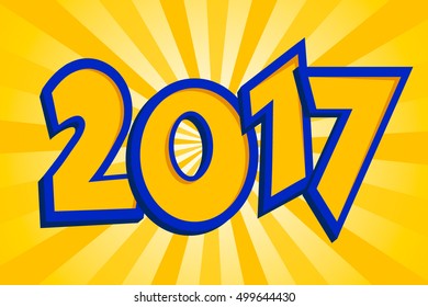 2017 Happy New Year background over orange sun rays. Blue yellow trendy colors.