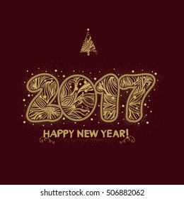  2017. Happy New Year background.  The gold figures with a decorative ornament.  Christmas  design. Hand drawn text. Vector illustration