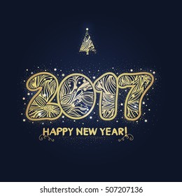 2017. Feliz Año Nuevo. Las figuras doradas con un adorno decorativo. Diseño navideño. Texto dibujado a mano. Ilustración del vector