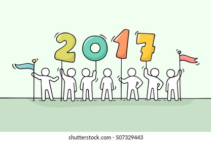2017 Happy New Year background. Cartoon doodle illustration with liitle people prepare to celebration. Hand drawn vector illustration. 