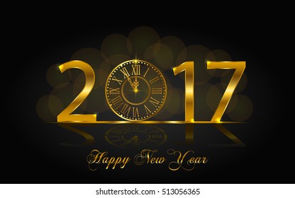 2017. Happy New Year. Background with golden sparkling texture. Vector iIlustration with gold clock and metallic gold numbers. Luxury design.