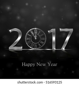 2017 Happy New Year. Background with silver sparkling texture. Vector Illustration with silver metallic numbers and clock. Text Design. Calendar cover. 