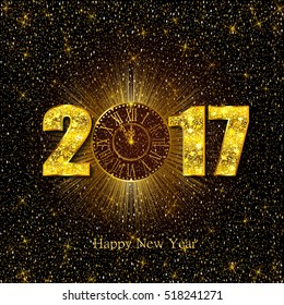 2017. Happy New Year.  Background with golden sparkling texture. Vector iIlustration with gold clock. Luxury design.