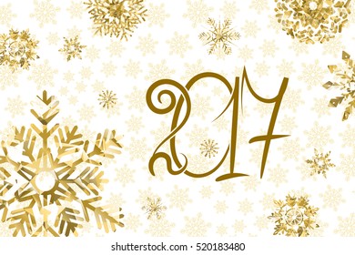 2017 happy New Year background. Golden numbers and snowflakes on white background. Vector illustration