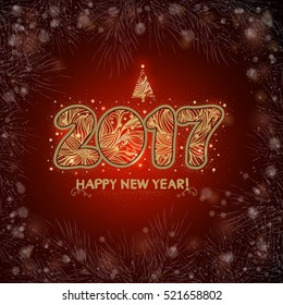 2017. Schöner Neujahrshintergrund mit Tannenbäumen und Schneeflocken. Weihnachtsgrußkarte. Handgezeichneter Text. Vektorgrafik.
