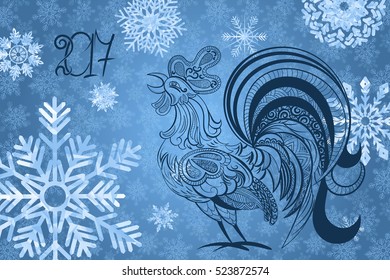 2017 happy New Year background. Rooster numbers and snowflakes on blue background. Vector illustration