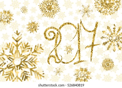 2017 happy New Year background. Golden numbers and snowflakes on white background. Vector illustration