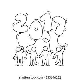 2017 Happy New Year background. Cartoon doodle illustration with little people holding balloons. Hand drawn vector illustration for celebration. 