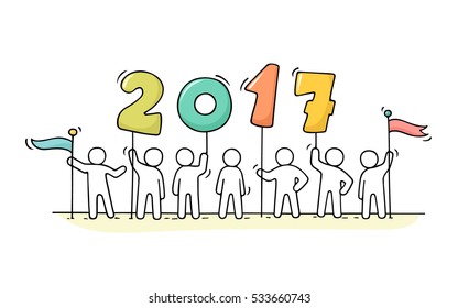2017 Happy New Year background. Cartoon doodle illustration with little people prepare to celebration. Hand drawn vector illustration