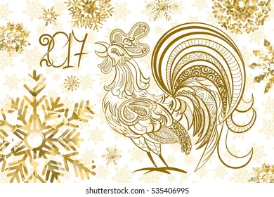 2017 happy New Year background. Golden rooster numbers and snowflakes on white background. Vector illustration