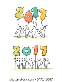 2017 Happy New Year background. Cartoon doodle illustration with little people holding numbers. Hand drawn vector illustration for celebration. 