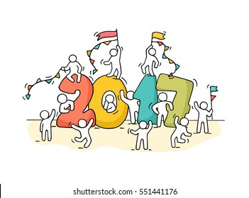 2017 Happy New Year background. Cartoon doodle illustration with little people prepare to celebration. Hand drawn vector illustration. 