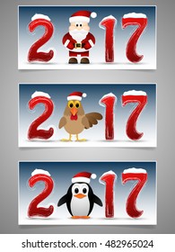2017 Happy New Year banner set with Santa Claus, penguin and rooster. Vector illustration.