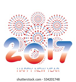 2017 Happy New Year banner with fireworks red and blue celebration on white background