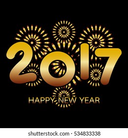 2017 Happy New Year banner with fireworks gold celebration on black background