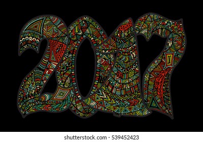 2017 Happy New Year. Beautiful greeting card calligraphy. Colorful text filled with different patterns. Hand drawn invitation T-shirt print design. Handwritten modern brush lettering