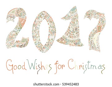 2017 Happy New Year. Beautiful greeting card calligraphy. Colorful text filled with different patterns. Hand drawn invitation T-shirt print design. Handwritten modern brush lettering