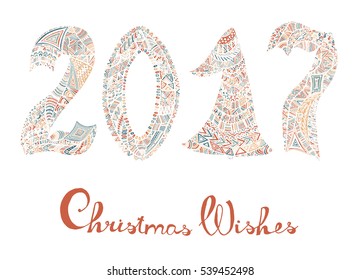 2017 Happy New Year. Beautiful greeting card calligraphy. Colorful text filled with different patterns. Hand drawn invitation T-shirt print design. Handwritten modern brush lettering