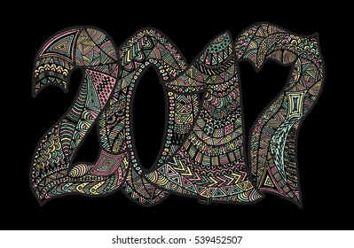 2017 Happy New Year. Beautiful greeting card calligraphy. Colorful text filled with different patterns. Hand drawn invitation T-shirt print design. Handwritten modern brush lettering