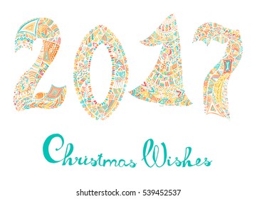 2017 Happy New Year. Beautiful greeting card calligraphy. Colorful text filled with different patterns. Hand drawn invitation T-shirt print design. Handwritten modern brush lettering