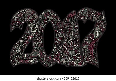 2017 Happy New Year. Beautiful greeting card calligraphy. Colorful text filled with different patterns. Hand drawn invitation T-shirt print design. Handwritten modern brush lettering.