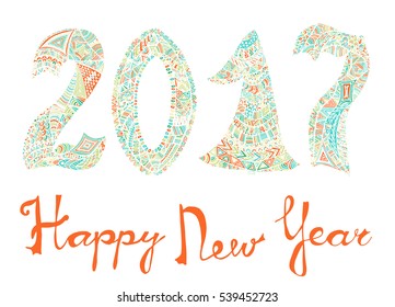 2017 Happy New Year. Beautiful greeting card calligraphy. Colorful text filled with different patterns. Hand drawn invitation T-shirt print design. Handwritten modern brush lettering