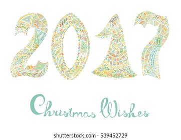 2017 Happy New Year. Beautiful greeting card calligraphy. Colorful text filled with different patterns. Hand drawn invitation T-shirt print design. Handwritten modern brush lettering.