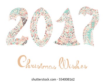 2017 Happy New Year. Beautiful greeting card calligraphy. Colorful text filled with different patterns. Hand drawn invitation T-shirt print design. Handwritten modern brush lettering
