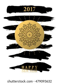 2017 Happy New Year card or background.
Trendy style with hand-lettering words.
Vector illustration
Black, white, gold colors design.
Banner template for flat design.
