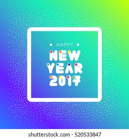 2017 Happy New Year card, background, decoration. Banner template for flat design. Postcard, greeting, invitation with decorative font, snowflakes, frame. Green blue background color.