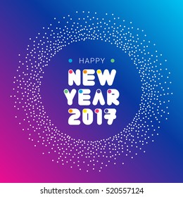 2017 Happy New Year card, background, decoration. Illustration template for flat design. Postcard with decorative font, snowflake frame. Blue background, white text