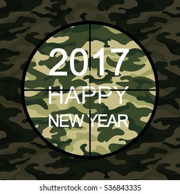 2017 Happy New Year card in military style with sniper scope on green camouflage